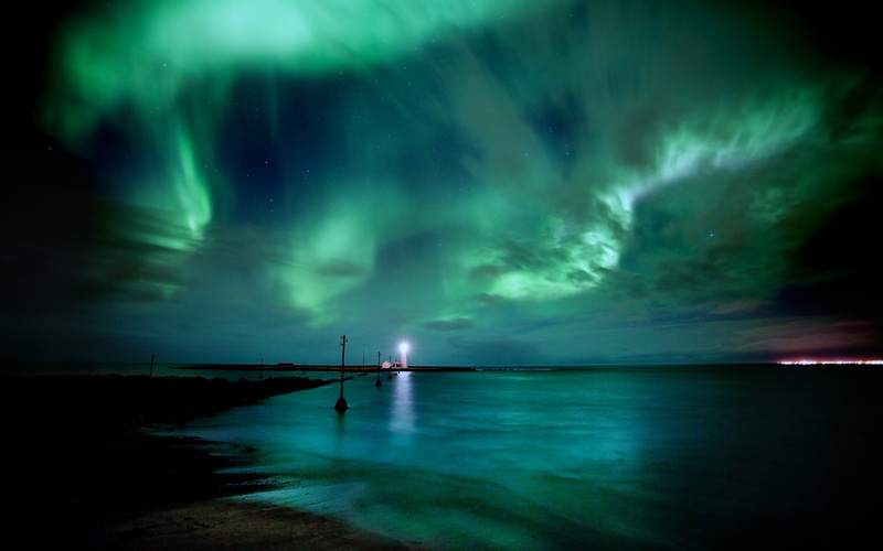 scenics - nature, northern, night, mystery, green, astronomy, travel destinations, cloud - sky, dramatic sky, landscape, sea, aurora, tranquility, water