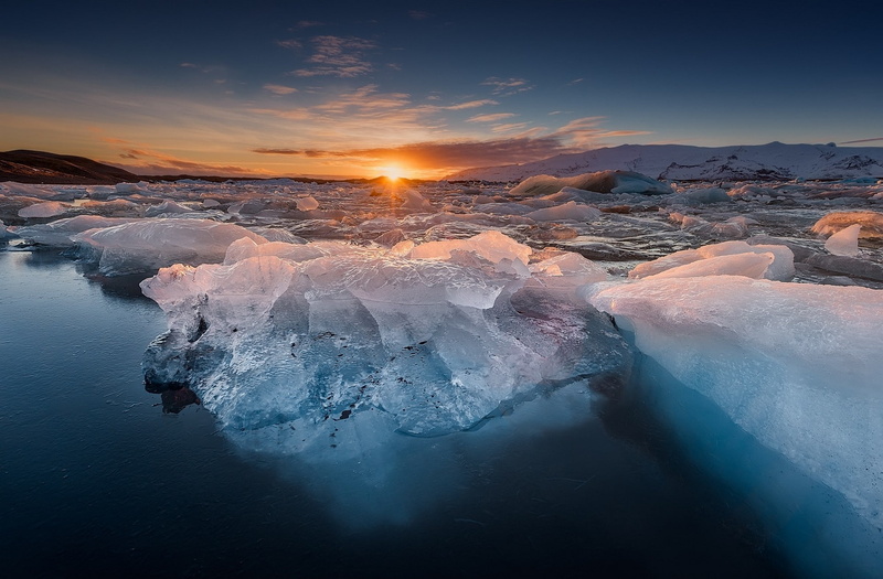 frozen, hills, frost, nature, ice, sunset, glacier, melting, environment, calm, outdoors, lagoon, blue, sea, winter, cold, water, no people, scenics - nature