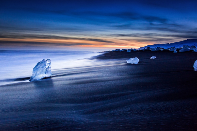 scenics - nature, dusk, beach, long exposure, iceberg - ice formation, sea, ice, sunset, sky, environment, no people, cloud - sky, water, landscape, glacier