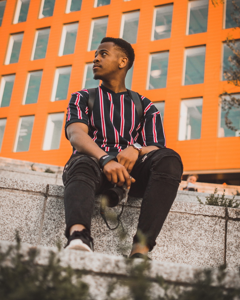 casual Clothing, style, back to School, pose, male Beauty, denim jeans, technology, teenager, concrete, looking, people, v, one Person, portrait, man, backpack