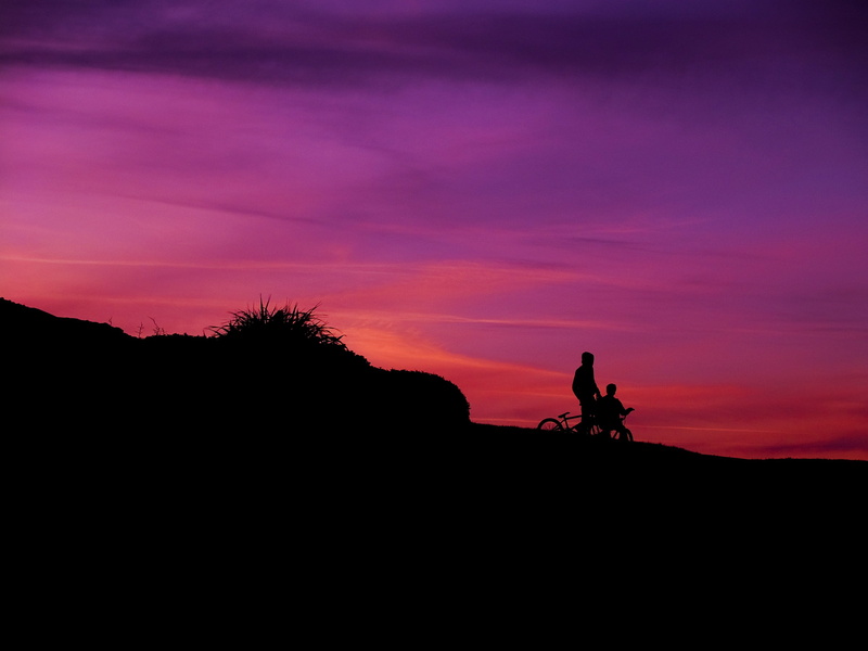 mountain, hour, bicycle, silhouette, dusk, person, sunset, outdoors, leisure, activity, red, real people, golden, purple, leisure activity, nature, tranquility
