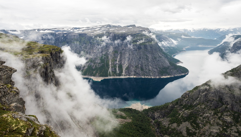 fog, no people, mesa, landscape, daytime, rock, environment, sky, cloud, photo, cloud - sky, water, lake, norway, butte, scenics - nature, tranquil scene