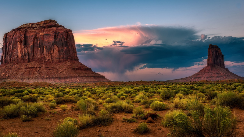 sand, rain, shrubs, rock formations, the remains, stones, desert, mountains, stumps, 4K, USA, ancient, vegetation, clouds, natural phenomenon, storm, bushes