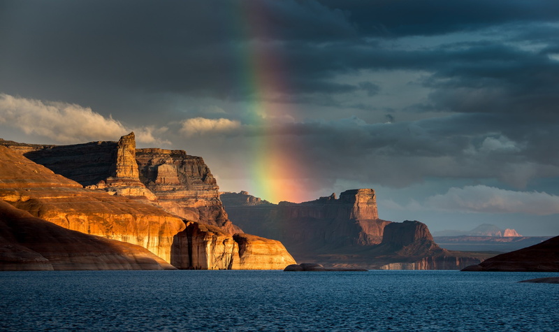 lake, Powell Reservoir, photography, sunset, 1080P, mountains, reservoir, Lake Powell, powell, rainbow, Arizona