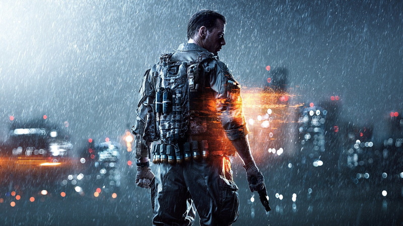 soldier, video games, gun, people, Battlefield, 1080P, pistol, rain, lights, Battlefield 4, digital art