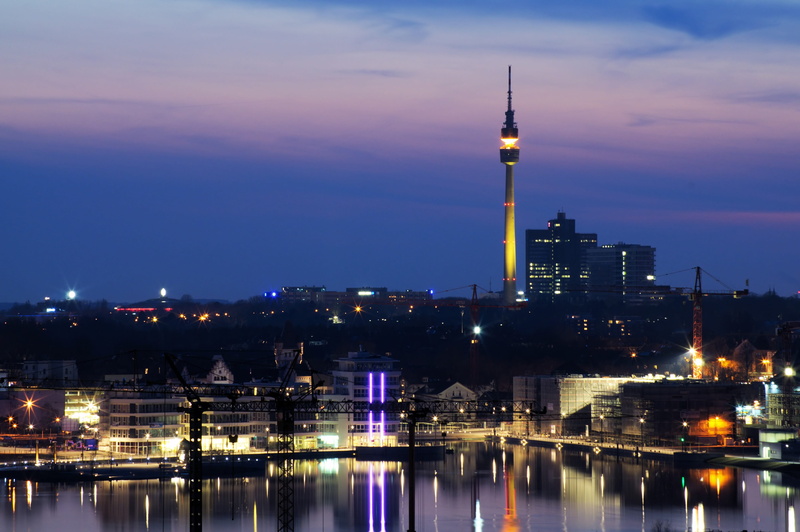 building exterior, Night, phoenix lake, office building exterior, City, tower, reflection, cityscape, water, cloud - sky, spire, sky, Photograph, Lights