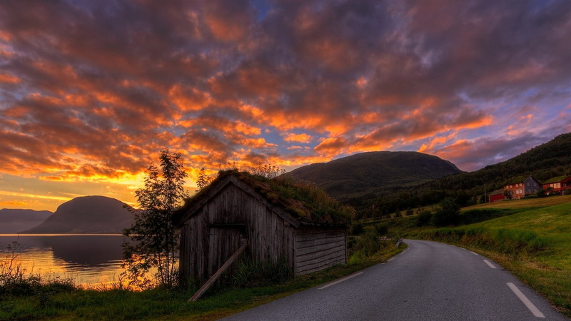 sunset, water, sky, house, beside, mountains, direction, architecture, scenics - nature, road, nature, plant, tree, lake, tranquility, cloud - sky, no people