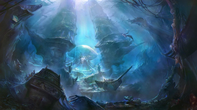 girl, underwater, light, ships, blue light, 1080P, sea, fantasy art, underwater world