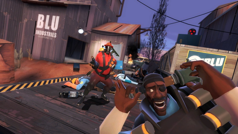 Medic, building exterior, outdoors, technology, young adult, transportation, day, 1080P, video games, Heavy (charater), nature, holding, Team Fortress 2