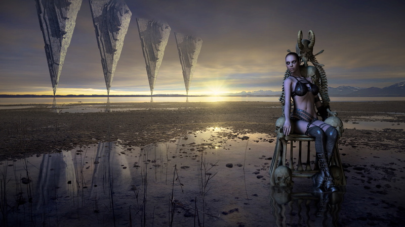 fantasy, 4K, the spine, rays, shore, makeup, art, triangles, dawn, creepy, horizon, girl, pond, feet, the throne, clouds, sexy, bones, water, half naked