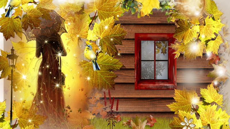 fall, glow, autumn, window, 1080P, lights, leaves, trees, gold, vintage, victorian, lady, fashion, nature and l, old, rustic