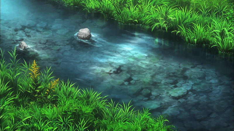 Non Non Biyori, green color, no people, scenics - nature, stone, outdoors, tranquil scene, digital art, reflection, body, waterfront, nature, river, anime
