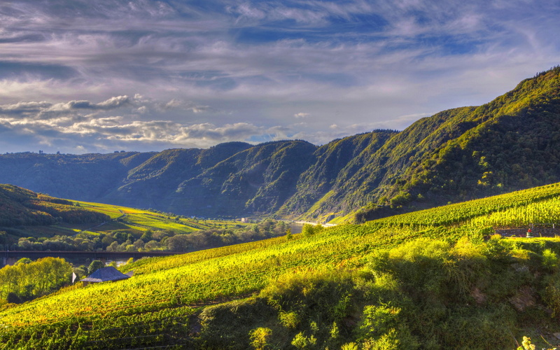 Mountains, Clouds, Germany, Ediger, green, River, Plantations, 2K, Grape, Fields, Eller