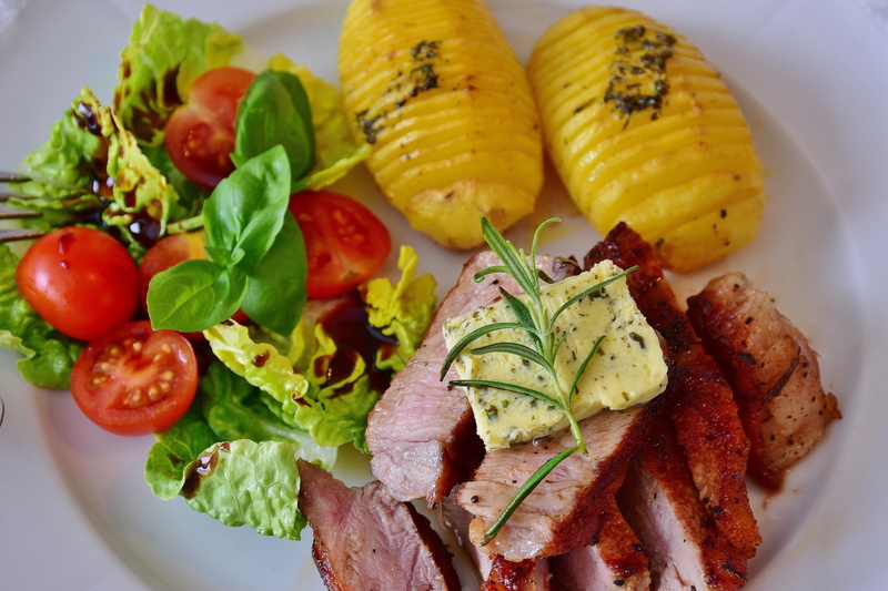 yellow, no people, herb butter, supplement, fruit, butter, sweetcorn, pineapples, herbs, potato, ceramic, two, meat, barbecue, cook, grilled, veal, tomato