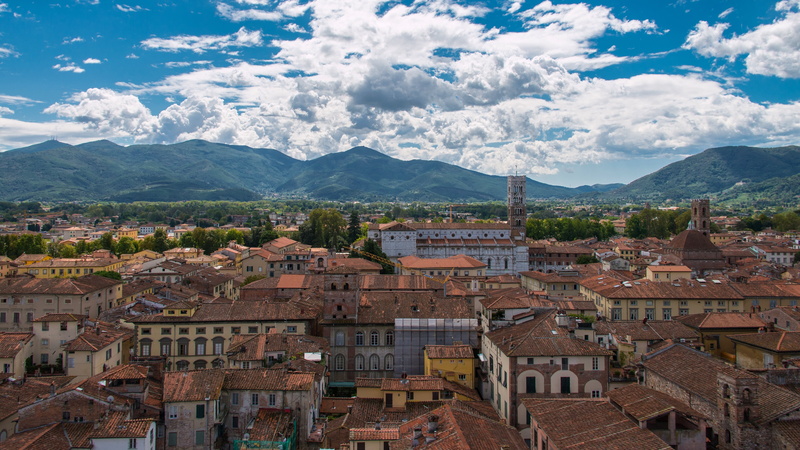 architecture, Lucca, built structure, cloud - sky, townscape, mountains, day, mountain, scenics - nature, residential district, Italy, roof, building, sky