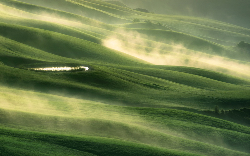 Fields, 1080P, Scenery, Italy, Morning, Pond, Tuscany, Mist, Green, Hills