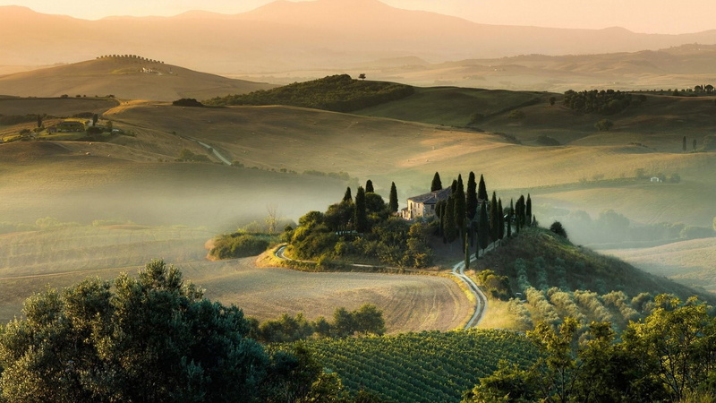 tranquility, sky, no people, podere belvedere, environment, tuscany, cottage, agriculture, sunrise - dawn, architecture, village, tree, rural scene, field