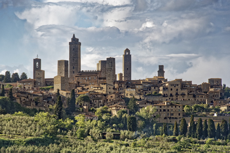 residential district, tall - high, italy, landscape, tree, tuscany, cityscape, san gimignano, historic center, cloud - sky, 5K, skyscraper, office building exterior
