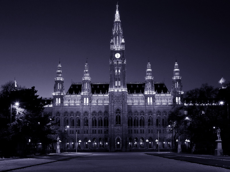 facade, sky, lights, grayscale, no people, gothic style, building, tourism, government, night, nature, architecture, illuminated, travel, Vienna, tower