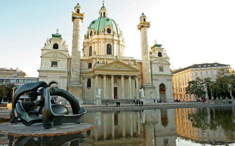 cathedral, cityscape, Vienna, church, Karlskirche, sculpture, 1080P
