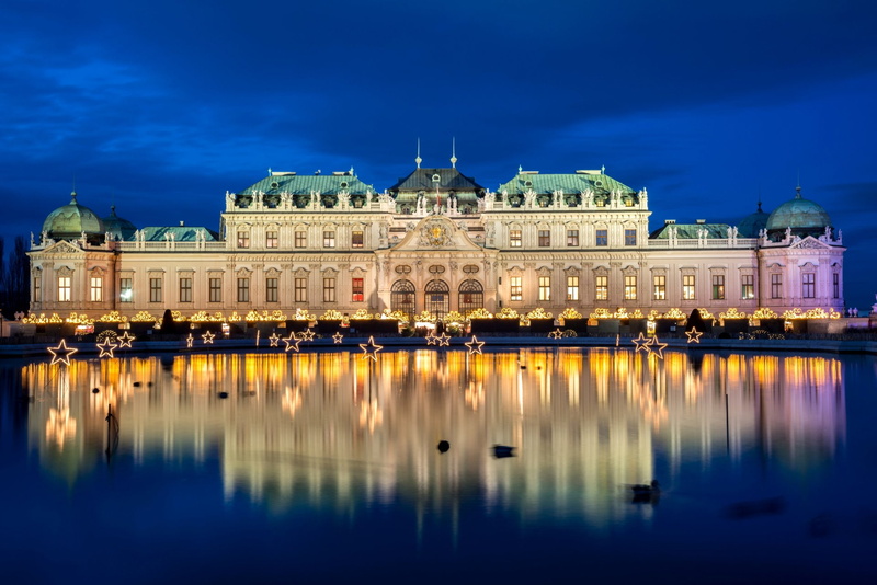 Austria, Night, Reflection, Water, Palace, Vienna, Palaces, Building, 1080P