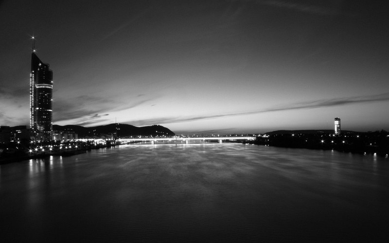 bay, built structure, night, sky, connection, photography, city, office building exterior, monochrome, illuminated, 1080P, water, outdoors, urban, Vienna