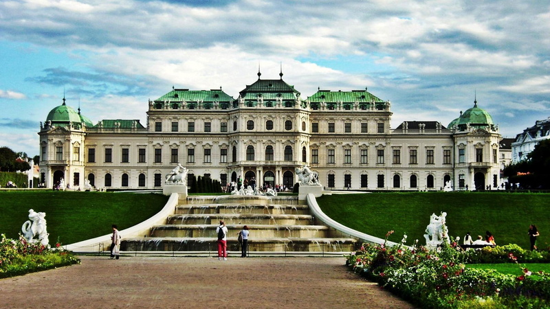 palace, museum, belvedere, vienna, grass, gallery, 1080P, austria, fountain, clouds, nature and landscapes
