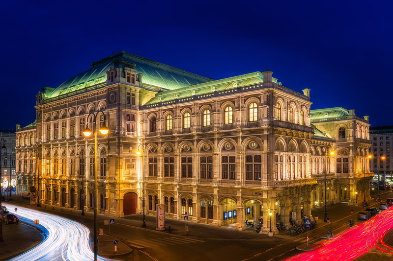 home, the building, Staatsoper, Opera House, excerpt, lights, street, night, Palace, road, 1080P, Vienna, Austria