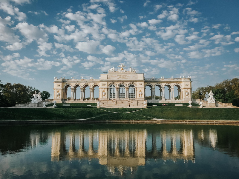 architecture, tourism, plant, mirror, gloriette, lake, cloud - sky, travel destinations, water, waterfront, no people, the past, vienna, sunrise, building exterior