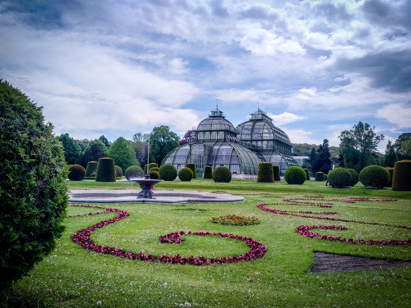 lawn, 4K, no people, ornamental garden, Palm House, outdoors, formal garden, places of interest, palm house, architecture, Vienna, green color, glass construction