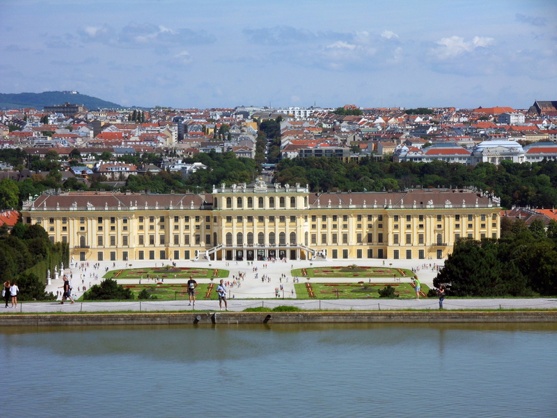 outdoors, plant, castle, sky, waterfront, nature, schönbrunn, high angle view, day, building exterior, no people, 4K, vienna, city, tree, austria, river