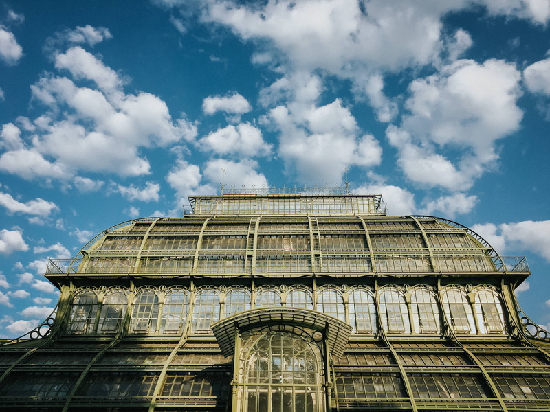 built structure, nature, austria, day, palmenhaus, low angle view, city, greenhouse, building, schönbrunn, government, clouds, tourism, vienna, cloud - sky
