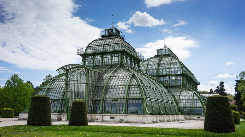 outdoors, cloud - sky, palace, schönbrunn, glasshouse, government, tree, city, day, schloss, storey, tourism, nature, palmery, nouveau, sky, structure