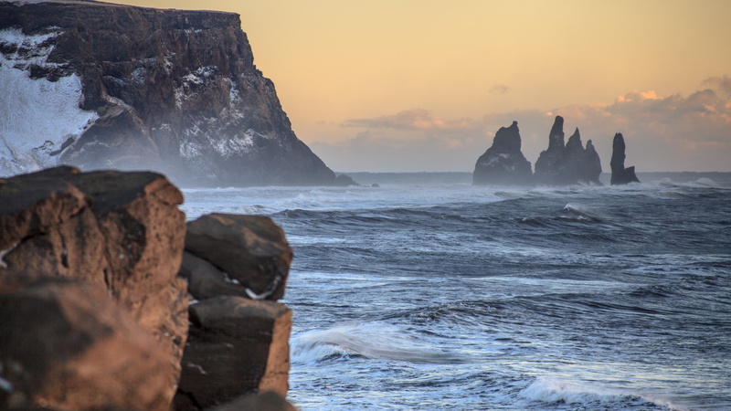 4k, formation, white, stone, sea, Dyrhólaey, Reynisdrangar, near, brown, 8k, noontime, Iceland, clouds, 5K, shore, rocks, 5k, sunset