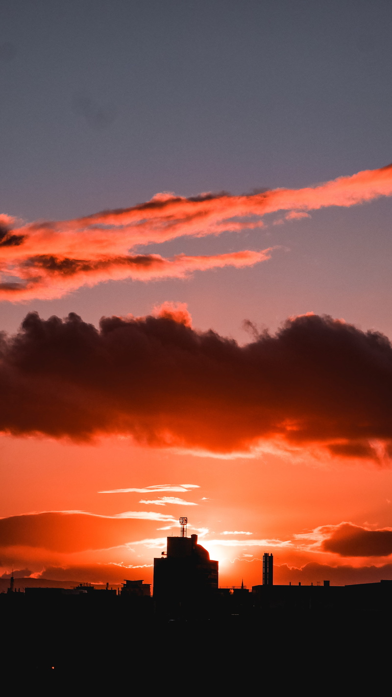 red sky, sunset, cityscape, dusk, cloud, 4K, silhouette, outdoors, cloud - sky, glasgow necropolis, concrete, beauty in nature, built structure, nature