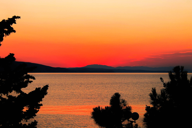 scenics - nature, sky, trees, photography, no people, beauty in nature, sunset, tranquility, noontime, orange color, outdoors, idyllic, nature, horizon over water