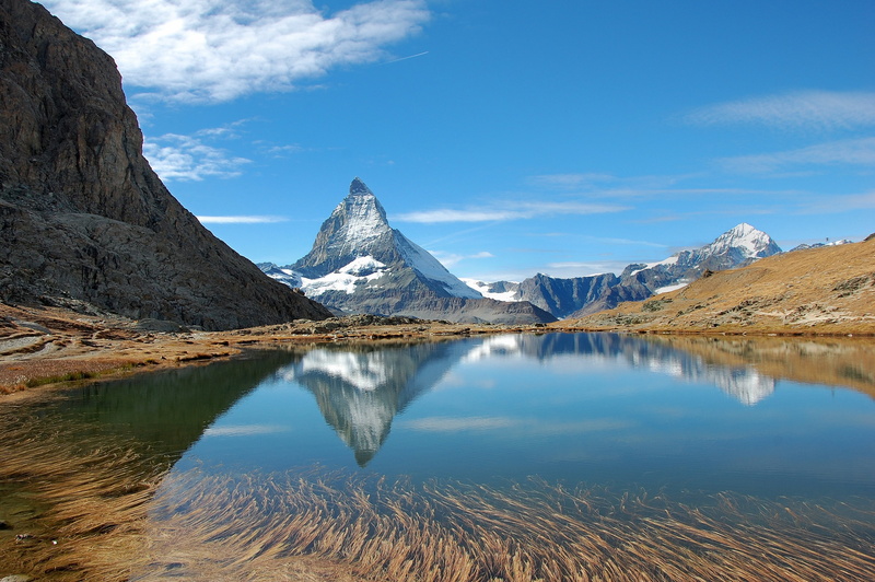 brown mountain, water, nature, Lake  brown, Switzerland, lake, reflection, landscape, snow, travel, mountain Peak, Matterhorn, scenics, outdoors, 2K, glacier