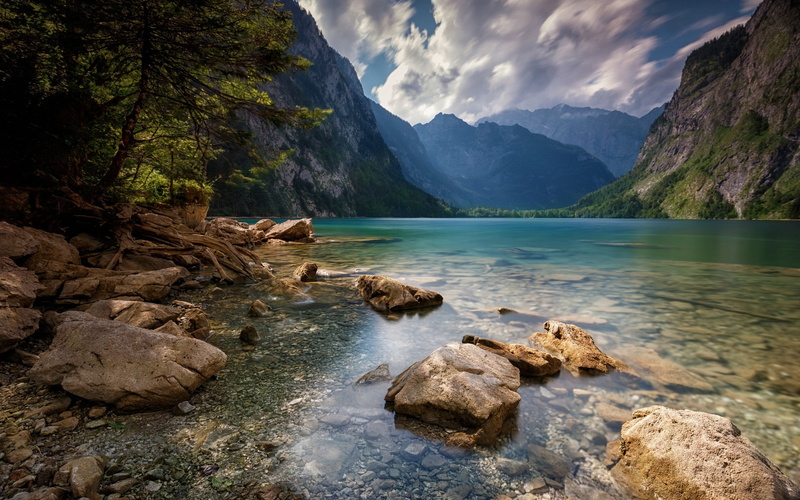 1080P, lake, rock, mountains, remote, scenics - nature, brown, sky, cloud - sky, water, no people, rock - object, tranquil scene, Alps, trees, landscape
