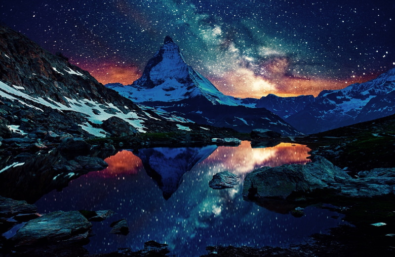 space, snowcapped mountain, no people, milky way, amazing, galaxy, mountain, aero, mountain peak, 1080P, idyllic, Europe, tranquility, star - space, beauty in nature