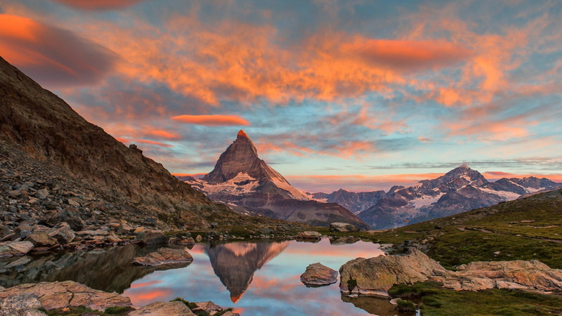 mountain, formation, sky, cloud - sky, remote, scenics - nature, rock - object, tranquility, mountains, reflection, mountain peak, rock, idyllic, landscape