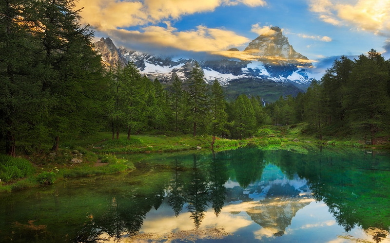 summer, sunset, landscape, no people, snowy peak, mountain, beauty in nature, clouds, idyllic, turquoise, tree, green, green color, Matterhorn, tranquility