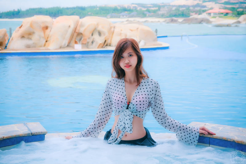 women, looking at viewer, brunette, red lipstick, depth of field, whirlpool, Asian, 4K