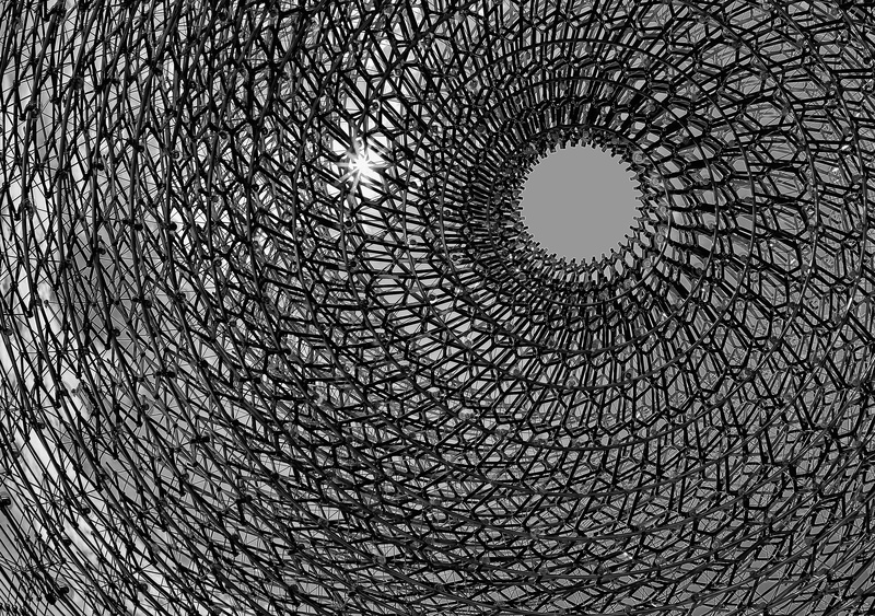 low angle view, backgrounds, circle, shape, creativity, no people, grayscale, close-up, photo, 4K, pattern, textured, one animal, architecture