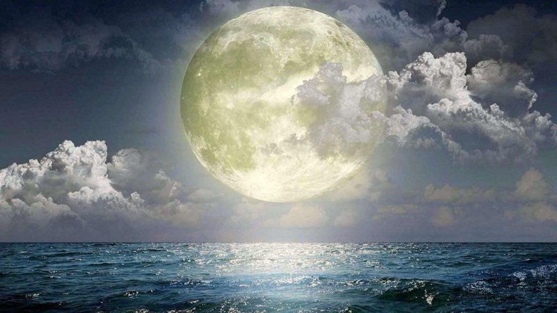 1080P, ocean, cloudy, night sky, full moon, sea