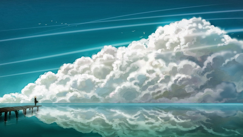 white color, lake, beauty in nature, cloudy, swimming pool, water, reflection, cartoon, sky, heaven, cloud - sky, digital composite, blue, day, 1080P