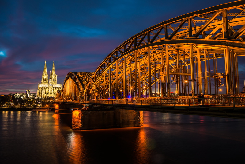 bridge - man made structure, cologne, cloudy, illuminated, religion, connection, river, bridge, reflection, night, water, sky, cathedral, light, outdoors