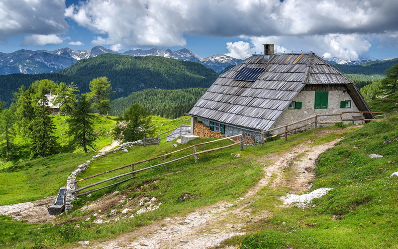 Clouds, House, Slovenia, Path, Fence, Forest, Mountains, Bohinj, 2K