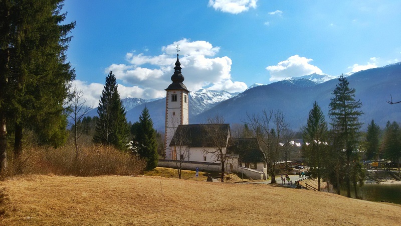 trees, sky, building, day, 2K, architecture, bohinj, spire, spirituality, cloud - sky, slovenia, plant, no people, religion, sunlight, building exterior