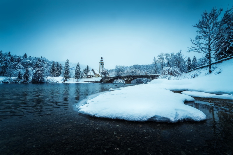landscape, Slovenia, Bohinj, bridge, water, winter, 1080P