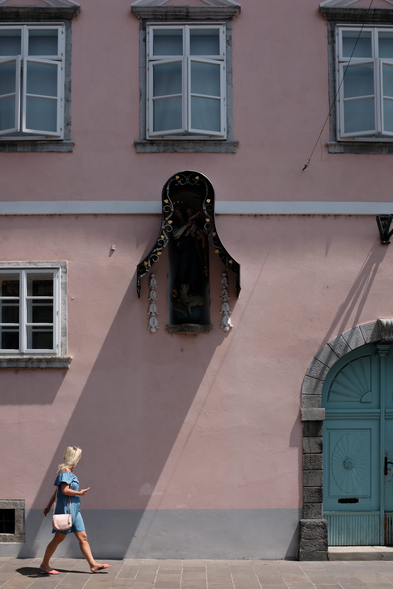town, pink, residential district, outdoors, adult, street, urban, high rise, men, walking, blonde, built structure, leisure activity, full length, ljubljana
